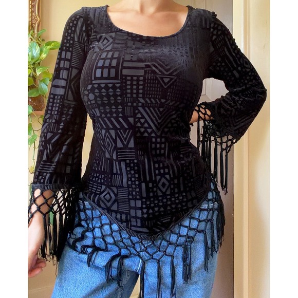 Monteau Tops - Indie Vintage Burnout Velvet Geometric Fringe Top